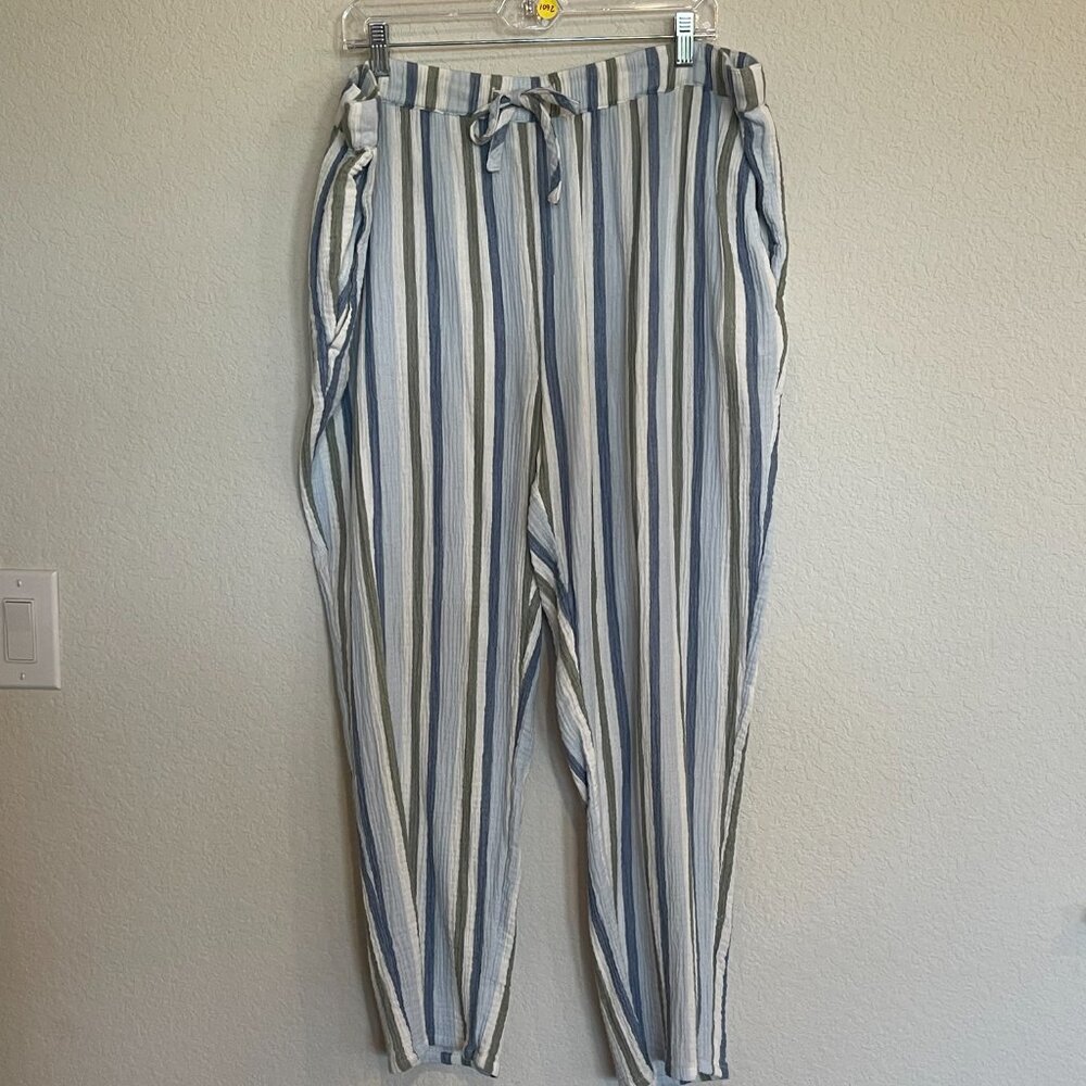 Striped Blue & White Drawstring Casual Pants